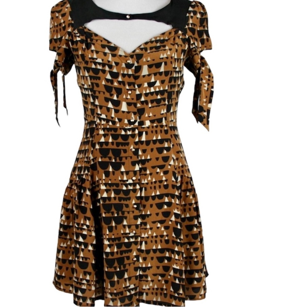 100% Silk Line & Dot Boho Fit & Flare Dress